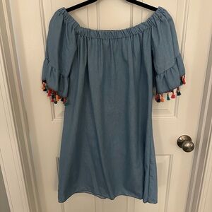 Chic Off-Shoulder Blue Dress with Tassels